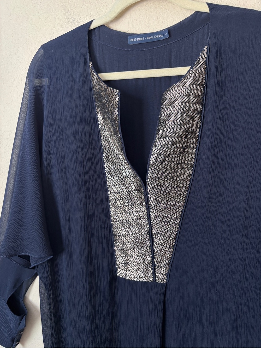 Rohit Gandhi + Rahul Khanna Crinkle Silk Beaded Placket Midi Formal Dress - Picture 9 of 14